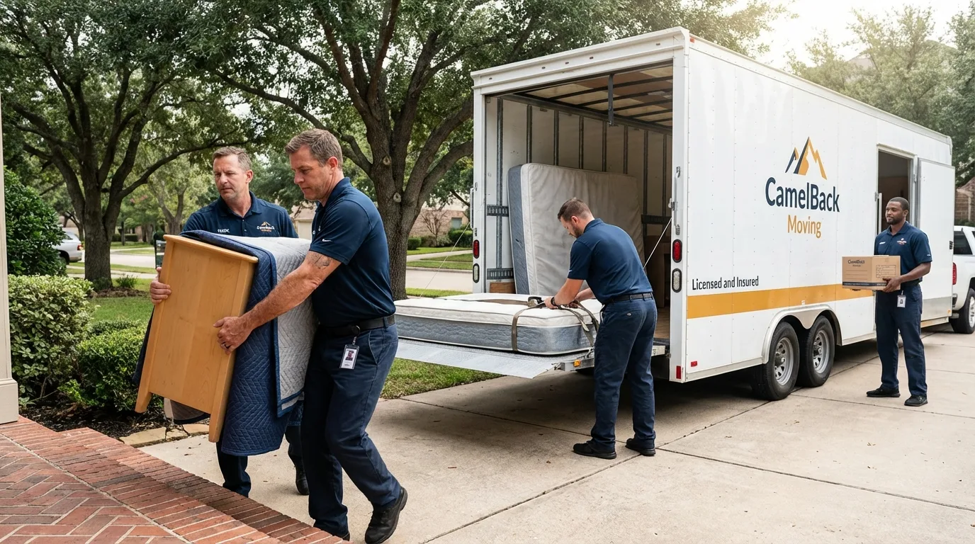 Crew loading residential truck for cross-state move from Odessa, TX