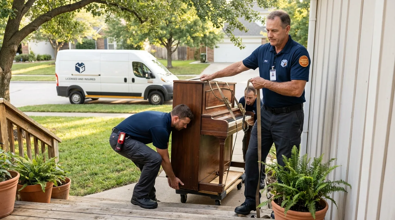 Licensed piano movers securing grand piano in Odessa, TX