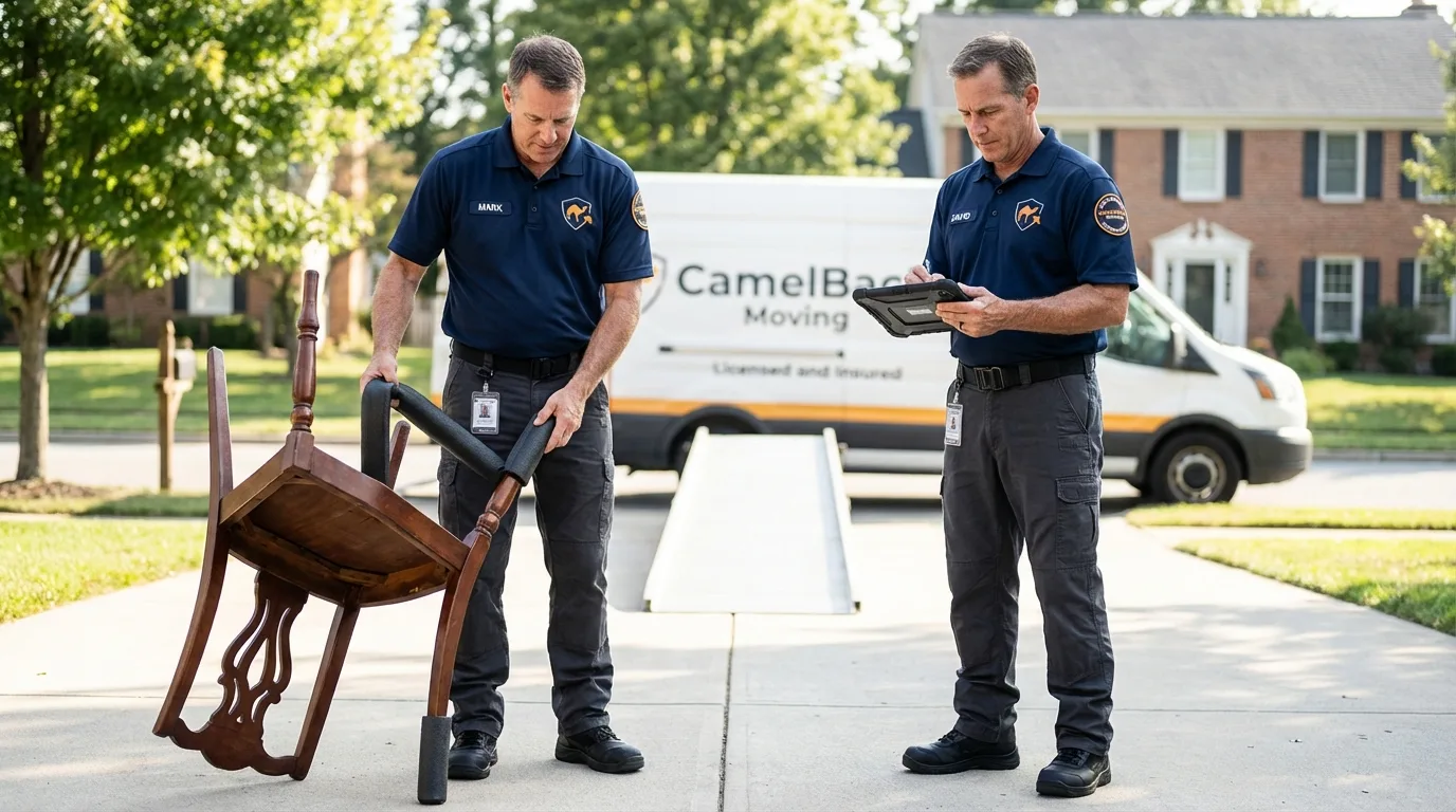 Movers inspecting furniture for damage prevention before loading in Odessa, TX