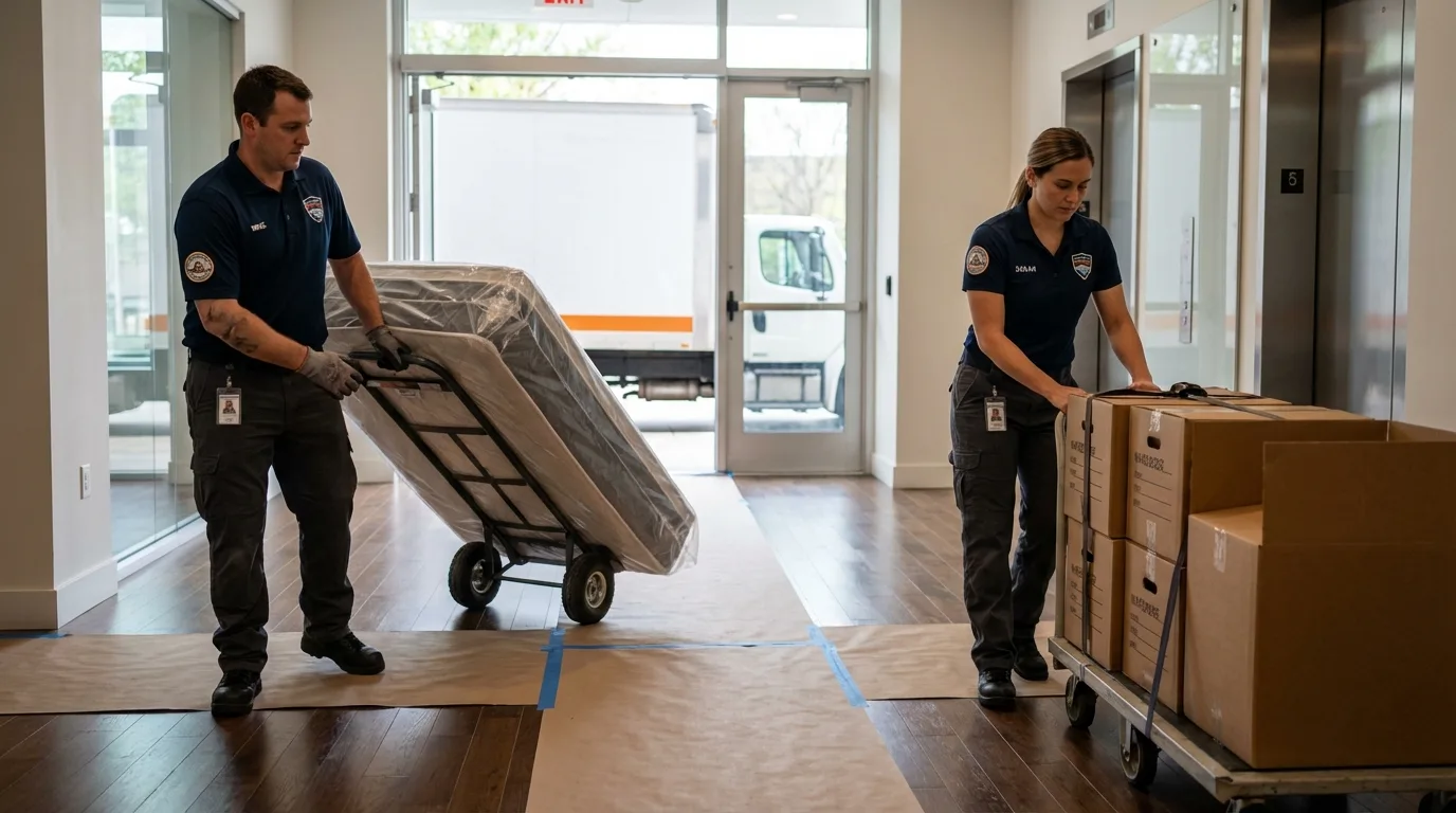 Professional apartment movers loading elevator in Odessa, TX