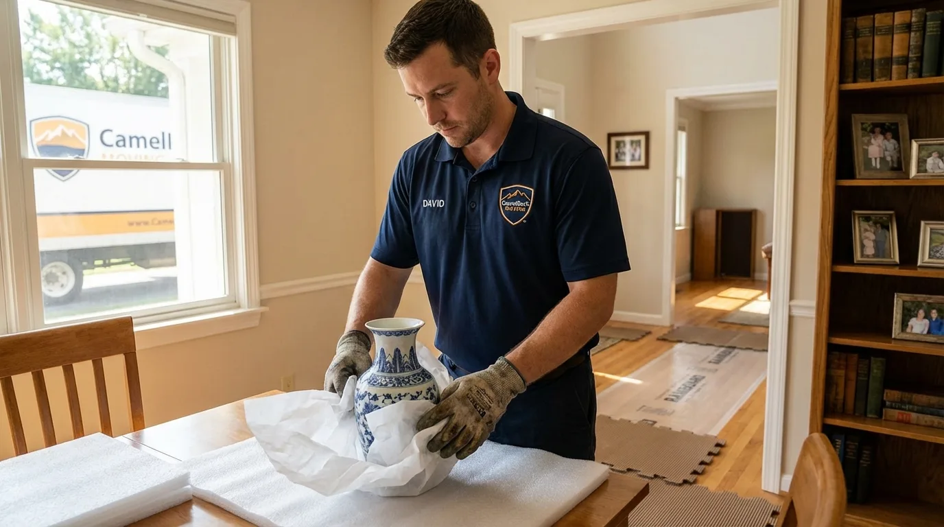 Professional crew carefully wrapping antique vase for senior downsizing move in Odessa, TX